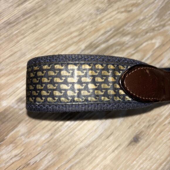Vineyard Vines Men’s Woven Belt WHALE Print Brown Leather Trim Black Size 38 - Picture 2 of 9